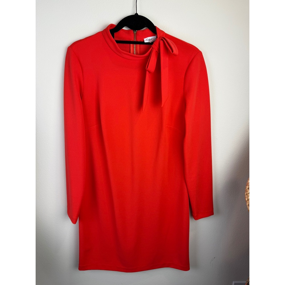 Calvin Klein Womens Orange Long Sleeve Mock Neck Tie Bow Shift Dress Size 10